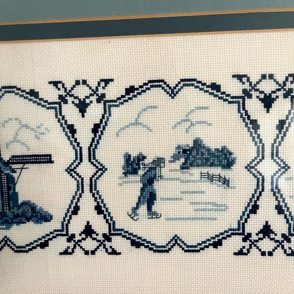 Vintage Framed Blue and White Embroidered Art - Picture 9 of 15